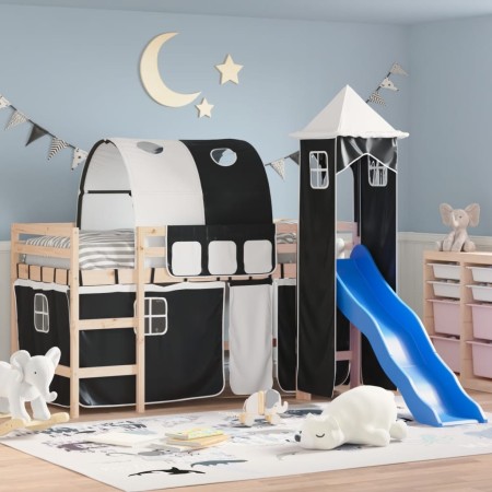 Cama alta niños con torre madera pino blanco negro 90x200 cm de , Camas y somieres - Ref: Foro24-3207099, Precio: 296,27 €, D...