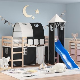 Cama alta niños con torre madera pino blanco negro 80x200 cm de , Camas y somieres - Ref: Foro24-3207090, Precio: 255,50 €, D...