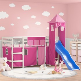 High bed for children with pink pine wood tower 90x190 cm by , Beds and slatted bases - Ref: Foro24-3207086, Price: 288,71 €,...