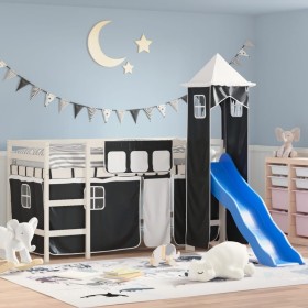 Cama alta niños con torre madera pino blanco negro 90x200 cm de , Camas y somieres - Ref: Foro24-3207075, Precio: 288,99 €, D...