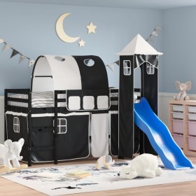 Cama alta niños con torre madera pino blanco negro 90x200 cm de , Camas y somieres - Ref: Foro24-3207105, Precio: 297,42 €, D...