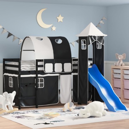 Children's loft bed with black white pine wood tower 90x200 cm by , Beds and slatted bases - Ref: Foro24-3207105, Price: 299,...