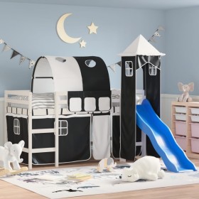 Cama alta niños con torre madera pino blanco negro 90x190 cm de , Camas y somieres - Ref: Foro24-3207111, Precio: 291,99 €, D...