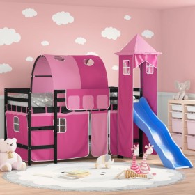 High bed for children with pink pine wood tower 90x200 cm by , Beds and slatted bases - Ref: Foro24-3207107, Price: 299,25 €,...