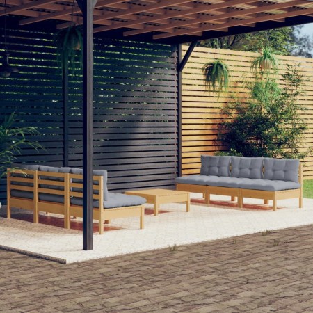 Garden furniture set 7 pieces and gray pine wood cushions by , Garden sets - Ref: Foro24-3096093, Price: 586,43 €, Discount: %