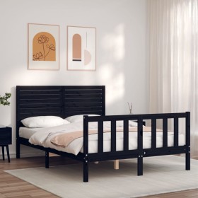 Estructura cama de matrimonio con cabecero madera maciza negro de , Camas y somieres - Ref: Foro24-3193185, Precio: 208,69 €,...