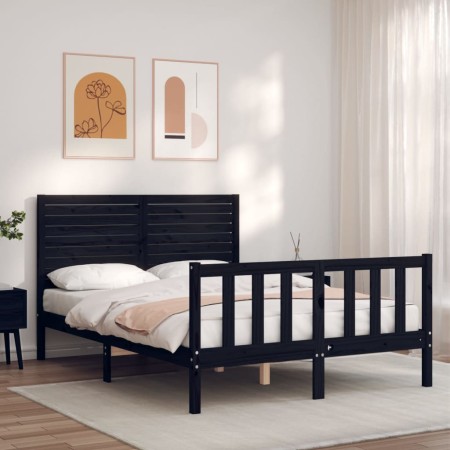 Double bed frame with black solid wood headboard by , Beds and slatted bases - Ref: Foro24-3193185, Price: 208,69 €, Discount: %