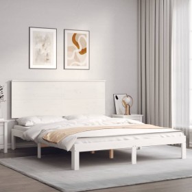 Double bed frame with white solid wood headboard by , Beds and slatted bases - Ref: Foro24-3193667, Price: 167,85 €, Discount: %