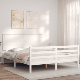 Double bed frame with white solid wood headboard by , Beds and slatted bases - Ref: Foro24-3195227, Price: 162,47 €, Discount: %