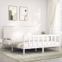 Double bed frame with white solid wood headboard by , Beds and slatted bases - Ref: Foro24-3193407, Price: 164,05 €, Discount: %