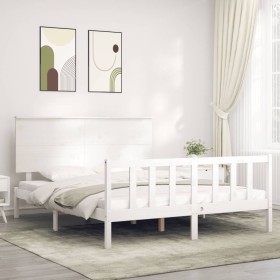 Estructura de cama matrimonio con cabecero madera maciza blanco de , Camas y somieres - Ref: Foro24-3193407, Precio: 164,17 €...