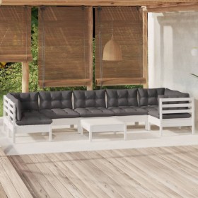 8-piece garden furniture set with white cushions made of pine wood by , Garden sets - Ref: Foro24-3096437, Price: 671,89 €, D...