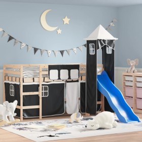 Cama alta niños con torre madera pino blanco negro 90x200 cm de , Camas y somieres - Ref: Foro24-3207072, Precio: 271,17 €, D...