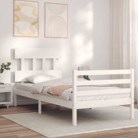 White solid wood bed frame with headboard by , Beds and slatted bases - Ref: Foro24-3195122, Price: 94,99 €, Discount: %