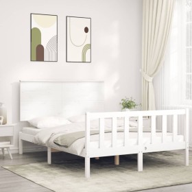 Double bed frame with white solid wood headboard by , Beds and slatted bases - Ref: Foro24-3193377, Price: 162,99 €, Discount: %