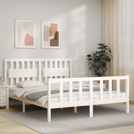 Estructura de cama matrimonio con cabecero madera maciza blanco de , Camas y somieres - Ref: Foro24-3192432, Precio: 161,99 €...