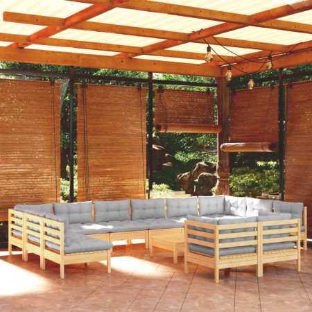 Garden furniture set 13 pieces and gray pine wood cushions by , Garden sets - Ref: Foro24-3097276, Price: 962,99 €, Discount: %