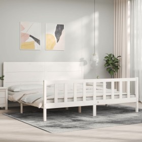 Double bed frame with white solid wood headboard by , Beds and slatted bases - Ref: Foro24-3192767, Price: 217,99 €, Discount: %