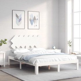 Double bed frame with white solid wood headboard by , Beds and slatted bases - Ref: Foro24-3193702, Price: 133,99 €, Discount: %