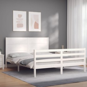 Estructura de cama matrimonio con cabecero madera maciza blanco de , Camas y somieres - Ref: Foro24-3194642, Precio: 191,99 €...