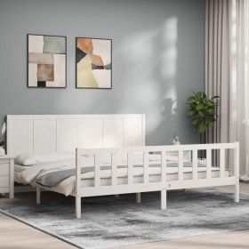 Double bed frame with white solid wood headboard by , Beds and slatted bases - Ref: Foro24-3192637, Price: 229,15 €, Discount: %