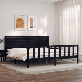 Estructura cama de matrimonio con cabecero madera maciza negro de , Camas y somieres - Ref: Foro24-3193225, Precio: 249,99 €,...