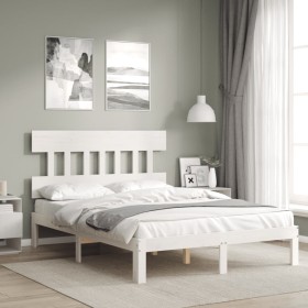 White solid wood bed frame with headboard 140x190 cm by , Beds and slatted bases - Ref: Foro24-3193577, Price: 135,14 €, Disc...