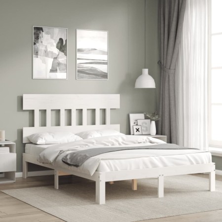 White solid wood bed frame with headboard 140x190 cm by , Beds and slatted bases - Ref: Foro24-3193577, Price: 135,02 €, Disc...