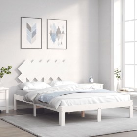 Double bed frame with white solid wood headboard by , Beds and slatted bases - Ref: Foro24-3193697, Price: 127,72 €, Discount: %