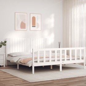 Double bed frame with white solid wood headboard by , Beds and slatted bases - Ref: Foro24-3192962, Price: 193,41 €, Discount: %