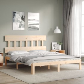 Double bed frame with solid wood headboard by , Beds and slatted bases - Ref: Foro24-3193601, Price: 122,99 €, Discount: %