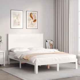 Estructura cama de matrimonio con cabecero madera maciza blanco de , Camas y somieres - Ref: Foro24-3193637, Precio: 152,99 €...