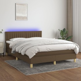 Box spring bed with LED mattress dark brown fabric 140x200 cm by , Beds and slatted bases - Ref: Foro24-3133880, Price: 426,4...