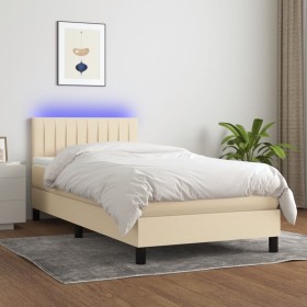 Box spring bed mattress and LED lights cream fabric 90x200 cm by , Beds and slatted bases - Ref: Foro24-3133290, Price: 321,9...