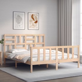 Double bed frame with solid wood headboard by , Beds and slatted bases - Ref: Foro24-3193081, Price: 145,99 €, Discount: %