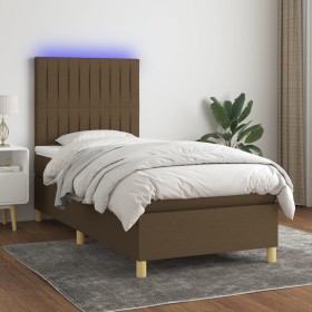 Boxspringbett-Matratze und LED-Leuchten aus dunkelbraunem Stoff, 90 x 200 cm von , Betten und Lattenroste - Ref: Foro24-31355...