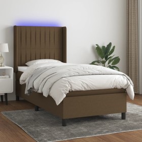 Boxspringbett-Matratze und LED-Leuchten aus dunkelbraunem Stoff, 90 x 200 cm von , Betten und Lattenroste - Ref: Foro24-31384...