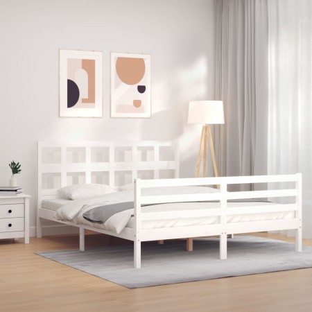 Double bed frame with white solid wood headboard by , Beds and slatted bases - Ref: Foro24-3194837, Price: 151,71 €, Discount: %