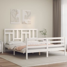 Estructura de cama matrimonio con cabecero madera maciza blanco de , Camas y somieres - Ref: Foro24-3194967, Precio: 149,27 €...