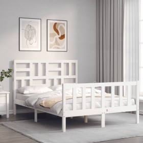 Double bed frame with white solid wood headboard by , Beds and slatted bases - Ref: Foro24-3193052, Price: 169,04 €, Discount: %