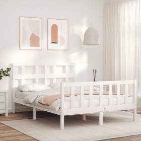 Double bed frame with white solid wood headboard by , Beds and slatted bases - Ref: Foro24-3192987, Price: 160,60 €, Discount: %