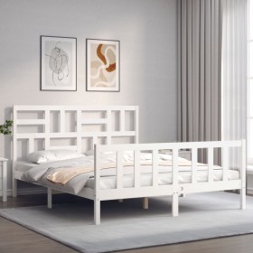 Estructura de cama matrimonio con cabecero madera maciza blanco de , Camas y somieres - Ref: Foro24-3193082, Precio: 155,99 €...