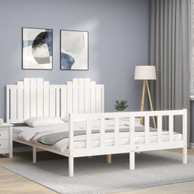 Double bed frame with white solid wood headboard by , Beds and slatted bases - Ref: Foro24-3192302, Price: 173,99 €, Discount: %