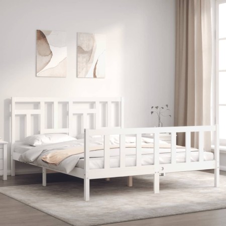 Estructura de cama matrimonio con cabecero madera maciza blanco de , Camas y somieres - Ref: Foro24-3193147, Precio: 151,90 €...