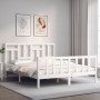 Estructura de cama matrimonio con cabecero madera maciza blanco de , Camas y somieres - Ref: Foro24-3193147, Precio: 151,90 €...