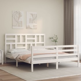 Estructura de cama matrimonio con cabecero madera maciza blanco de , Camas y somieres - Ref: Foro24-3194902, Precio: 155,16 €...