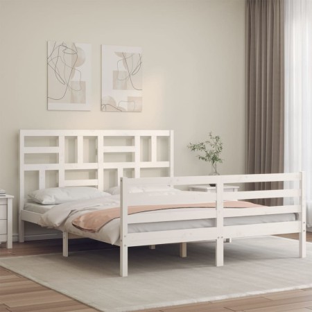 Estructura de cama matrimonio con cabecero madera maciza blanco de , Camas y somieres - Ref: Foro24-3194902, Precio: 155,80 €...