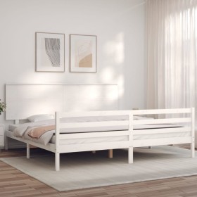 Double bed frame with white solid wood headboard by , Beds and slatted bases - Ref: Foro24-3195237, Price: 188,57 €, Discount: %