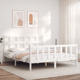 Estructura de cama matrimonio con cabecero madera maciza blanco de , Camas y somieres - Ref: Foro24-3193017, Precio: 151,78 €...