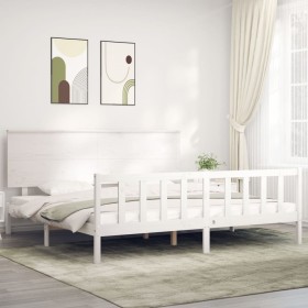 Double bed frame with white solid wood headboard by , Beds and slatted bases - Ref: Foro24-3193417, Price: 205,17 €, Discount: %